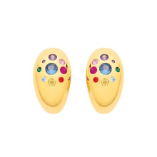 Jewelco London Yellow Gold-Plated Sterling Silver Blue & Rainbow CZ Bold Spectrum Cluster Domed Shield J-Hoop Drop Earrings - EAG1340