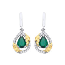 Jewelco London Rhodium & Yellow Gold-Plated Silver Green Pear CZ Pearl Halo Olive Branch Leaf Hugging Drop Earrings - EAG1331