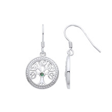 Jewelco London Ladies Rhodium Plated Sterling Silver Green CZ Rope Circle Celtic Tree of Life Solitaire Drop Earrings - GVE962