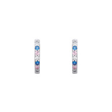 Jewelco London Rhodium Plated Sterling Silver Blue & Pink CZ Royal Princess Eternity Huggie Hoop Earrings - EAG1343