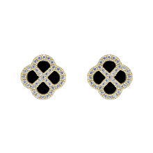 Jewelco London Gold-plated Sterling Silver CZ Black Onyx Clover Kiss Stud Earrings 11mm - 8-59-1927