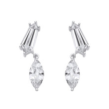 Jewelco London Rhodium Plated Sterling Silver Elongated Hexagon & Marquise CZ Toi et Moi Geometric Duology Drop Earrings - EAG1441