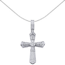 Jewelco London Men's Rhodium Plated Sterling Silver Baguette Cubic Zirconia Bamboo Boomerang Chevron Byzantine Cross Pendant - APX036