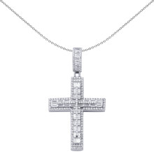 Jewelco London Men's Rhodium Plated Sterling Silver Baguette Cubic Zirconia 3 Tier Brick Layer Art Deco Cross Pendant - APX037