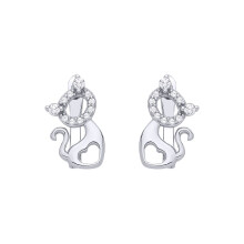Jewelco London Rhodium Plated Sterling Silver CZ Love Heart Kitty Kat Halo Cat Silhouette Drop Earrings - EAG1347