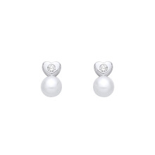 Jewelco London Rhodium Plated Sterling Silver Pearl & CZ Sweetheart Full Moon Drop Earrings - EAG1357