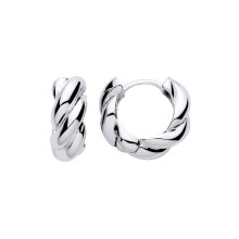Jewelco London Rhodium Plated Sterling Silver Luminous Helix Sculptural Braided Ribbon Twist Huggie Hoop Earrings - ER217