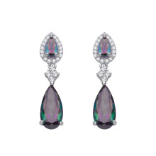 Jewelco London Rhodium Plated Sterling Silver Rainbow Pear Topaz & CZ Pear Halo Peacock Solitaire Cluster Drop Earrings - EAG1349