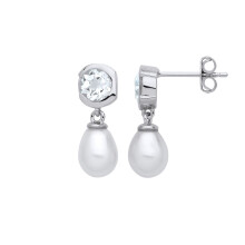 Jewelco London Ladies Rhodium Plated Sterling Silver Cream Pear Pearl CZ Donut Bezel Halo Drop Earrings - EAG1263