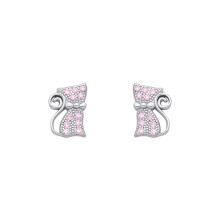 Jewelco London Rhodium Plated Sterling Silver Pink CZ Kitty Kat Bowtie Curly Tail Cat Silhouette Stud Earrings - EAG1346