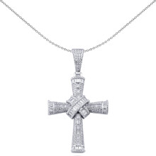 Jewelco London Men's Rhodium Plated Sterling Silver Baguette Cubic Zirconia Art Deco Byzantine Kiss Bandolier Cross Pendant - APX045