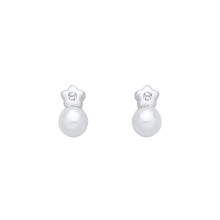 Jewelco London Rhodium Plated Sterling Silver Pearl & CZ Full Moon Twinkle Star Solitaire Drop Earrings - EAG1359