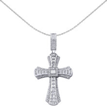 Jewelco London Men's Rhodium Plated Sterling Silver Baguette Cubic Zirconia Art Deco Byzantine Curved Perspective Cross Pendant - APX043