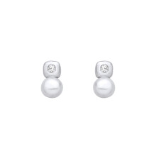 Jewelco London Rhodium Plated Sterling Silver Pearl & CZ Full Moon Marshmallow Ice Cube Solitaire Drop Earrings - EAG1358