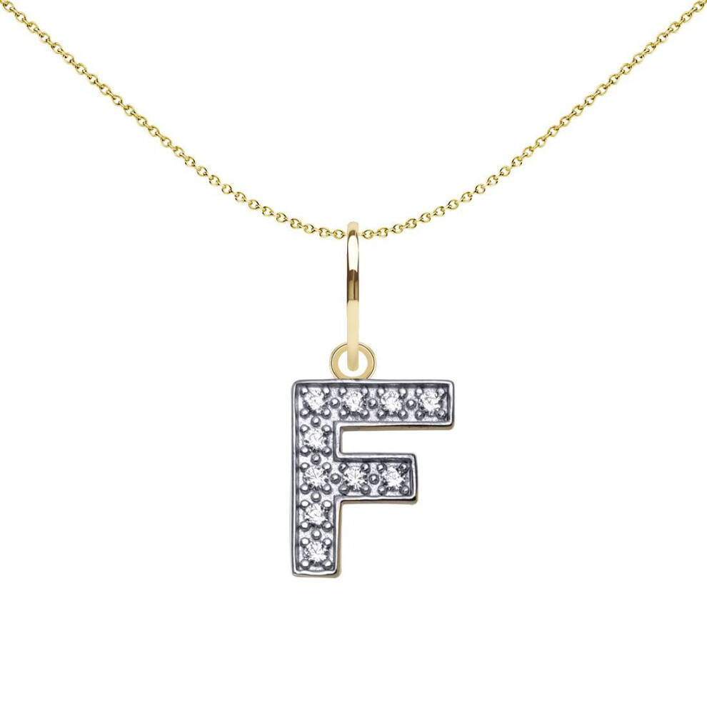 Jewelco London Solid 9Ct Yellow And White Gold Cubic Zirconia 10Mm San Serif Block Font Initial Charm Pendant, Letter F - Jin021-F