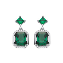 Jewelco London Rhodium Plated Sterling Silver Green Radiant & Square CZ Kite & Octagon Half Halo Amphi Drop Earrings - EAG1421