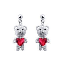 Jewelco London Rhodium-plated Silver Red Heart CZ Teddy Bears Love Drop Earrings - AES218-RP