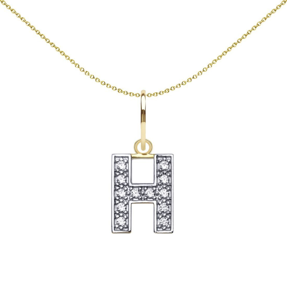 Jewelco London Solid 9Ct Yellow And White Gold Cubic Zirconia 10Mm San Serif Block Font Initial Charm Pendant, Letter H - Jin021-H