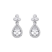 Jewelco London Rhodium Plated Sterling Silver Pear CZ Clover Clubs Cluster Teardrop Halo Drop Earrings - EAG1422