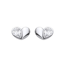 Jewelco London Rhodium Plated Sterling Silver Pear CZ Teardrop Bezel Perfectly Imperfect Love Heart Stud Earrings - EAG1419
