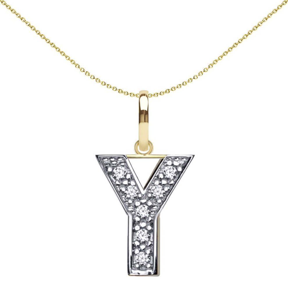 Jewelco London Solid 9Ct Yellow And White Gold Cubic Zirconia 15Mm San Serif Block Font Initial Charm Pendant, Letter Y - Jin022-Y