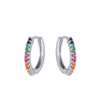 Jewelco London Rhodium-plated Silver Rainbow Round Brilliant CZ Pave Eternity Huggie Hoop Earrings - AER157-RP