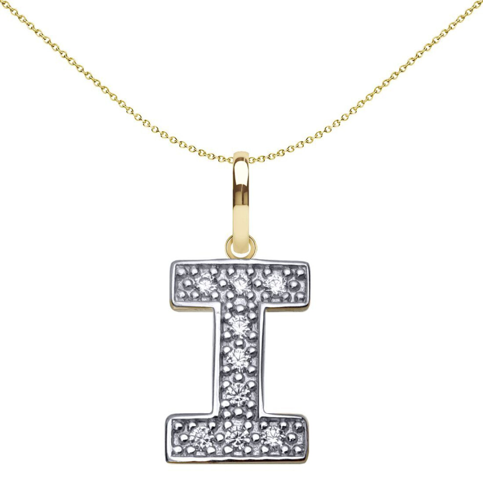 Jewelco London Solid 9Ct Yellow And White Gold Cubic Zirconia 15Mm San Serif Block Font Initial Charm Pendant, Letter I - Jin022-I