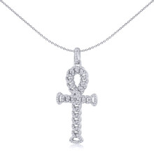 Jewelco London Unisex Rhodium Silver Round CZ Encrusted Curb Link Ankh Cross Pendant - APX048