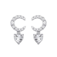 Jewelco London Rhodium Plated Sterling Silver Heart CZ Crescent Moon Cluster Love Drop Earrings - EAG1424