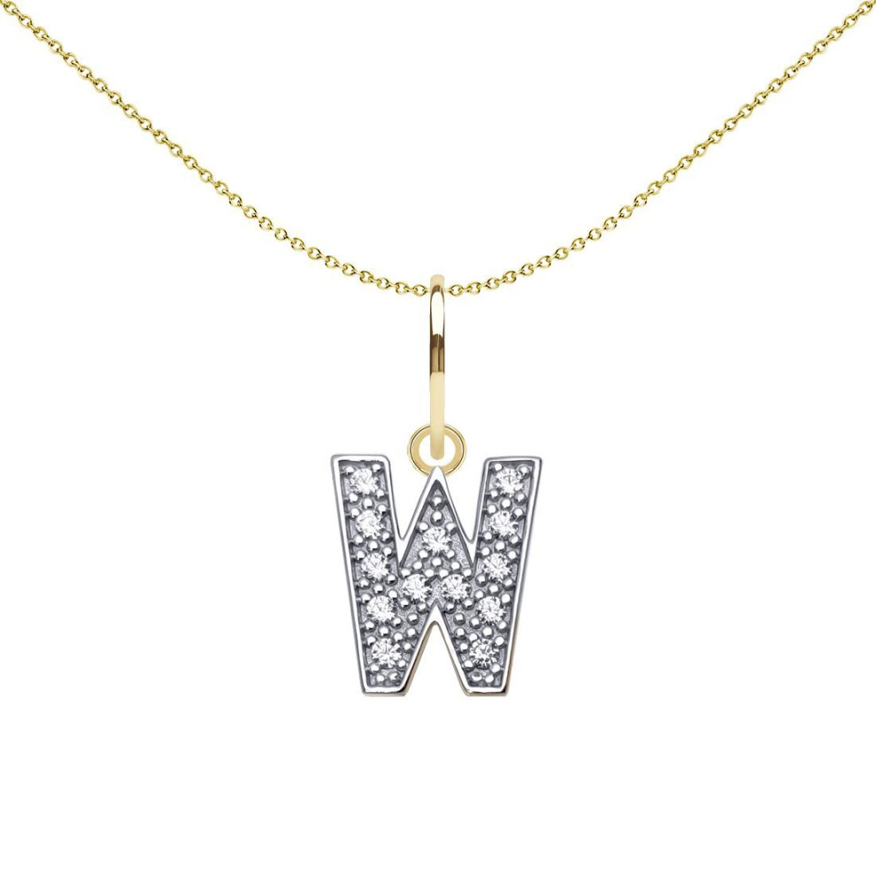 Jewelco London Solid 9Ct Yellow And White Gold Cubic Zirconia 10Mm San Serif Block Font Initial Charm Pendant, Letter W - Jin021-W
