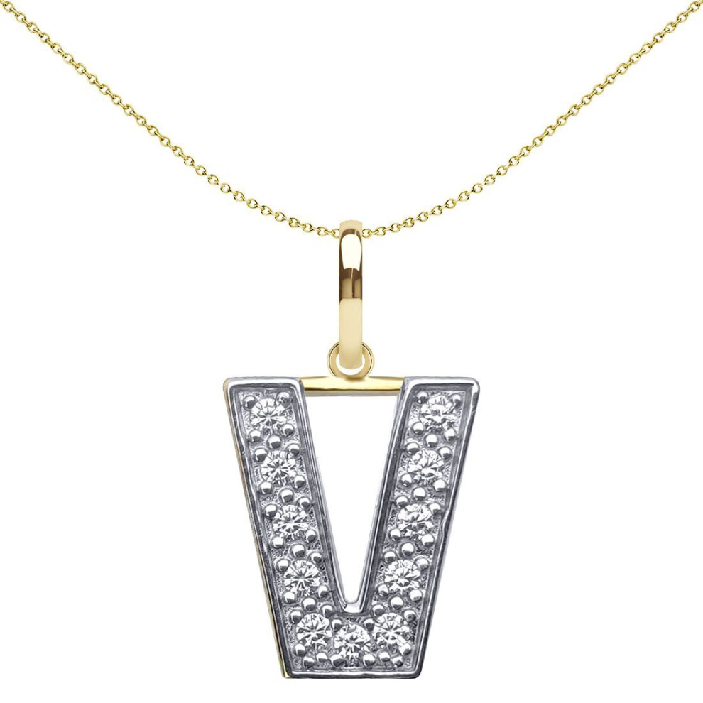Jewelco London Solid 9Ct Yellow And White Gold Cubic Zirconia 15Mm San Serif Block Font Initial Charm Pendant, Letter V - Jin022-V