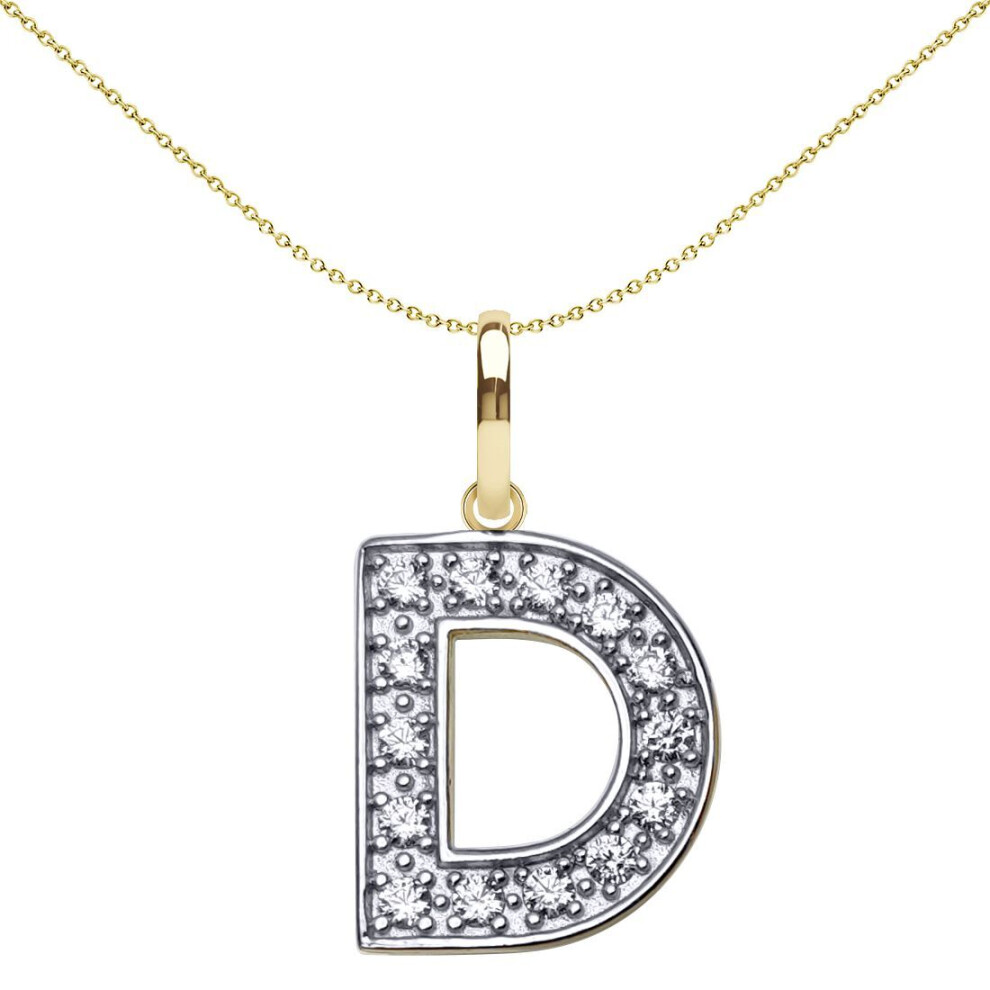 Jewelco London Solid 9Ct Yellow And White Gold Cubic Zirconia 15Mm San Serif Block Font Initial Charm Pendant, Letter D - Jin022-D