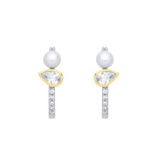 Jewelco London Gold-Plated Silver Button & Pear Pearl & CZ Full Moon Toi et Moi Raindrop J-Hoop Drop Earrings - EAG1362