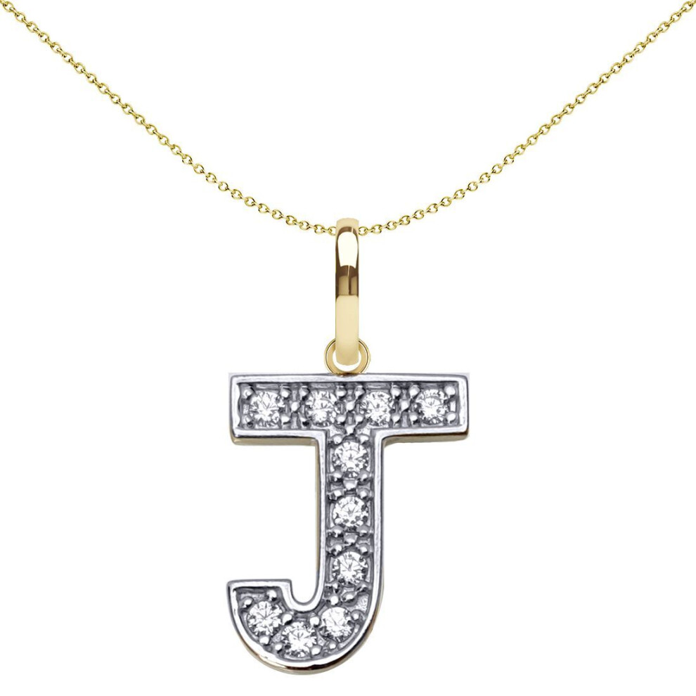 Jewelco London Solid 9Ct Yellow And White Gold Cubic Zirconia 15Mm San Serif Block Font Initial Charm Pendant, Letter J - Jin022-J