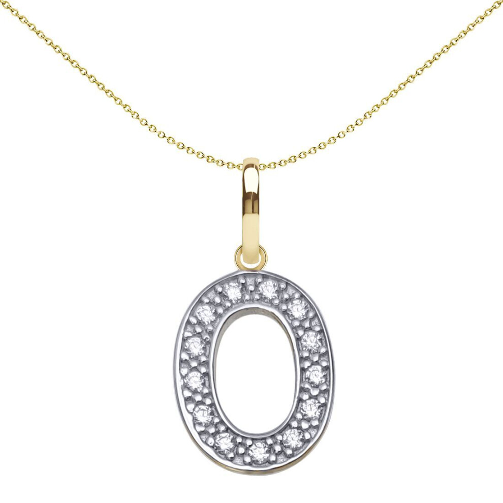 Jewelco London Solid 9Ct Yellow And White Gold Cubic Zirconia 15Mm San Serif Block Font Initial Charm Pendant, Letter O - Jin022-O