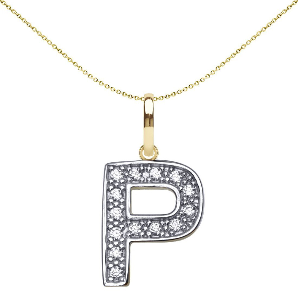 Jewelco London Solid 9Ct Yellow And White Gold Cubic Zirconia 15Mm San Serif Block Font Initial Charm Pendant, Letter P - Jin022-P