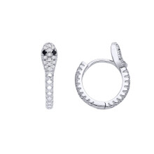 Jewelco London Ladies Rhodium Plated Sterling Silver Black CZ Coiled Snake Huggie Hoop Earrings - EAG1292