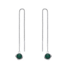 Jewelco London Rhodium Plated Silver Green Malachite Organic Molten Bezel Shoulder Duster Threader Drop Earrings - EAG1432