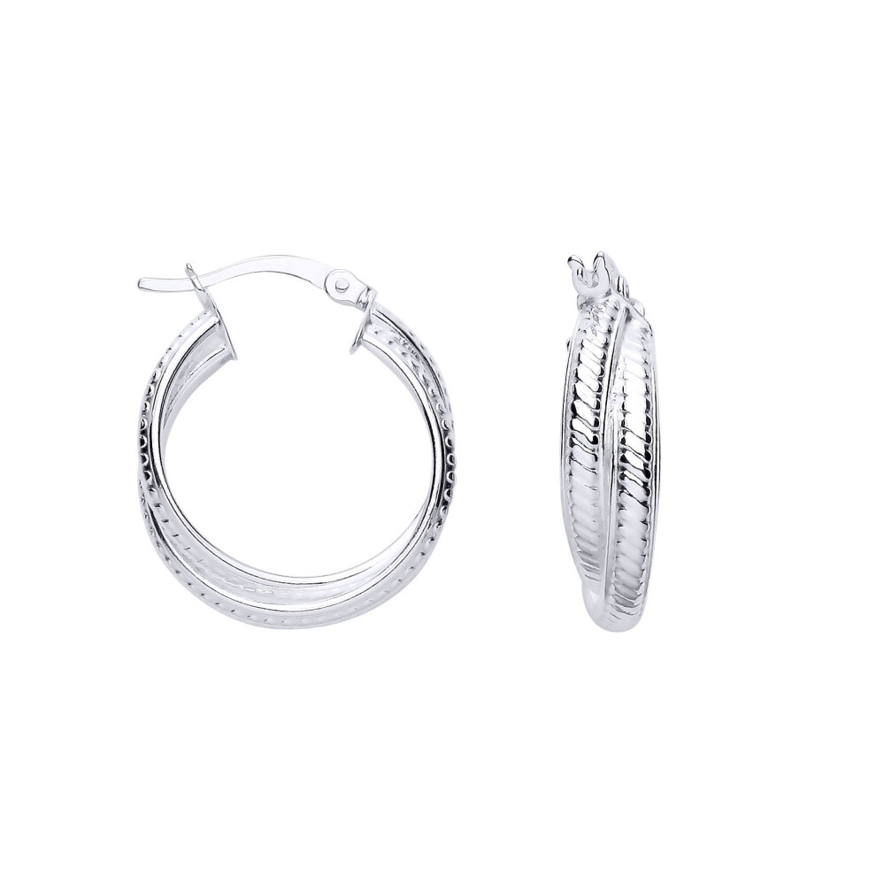 Jewelco London Ladies Rhodium Sterling Silver Ribbed Scroll Double Hoop Creole Earrings - Er188