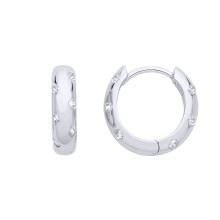 Jewelco London Ladies Rhodium Plated Sterling Silver CZ D-Shape Dome Huggie Hoop Earrings - EAG1300