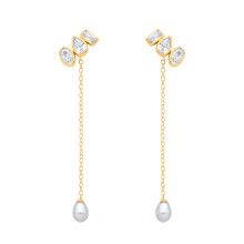 Jewelco London Yellow Gold-Plated Sterling Silver Pear & Oval Pearl & CZ Past Present & Future Odd Trio Drop Earrings - EAG1365