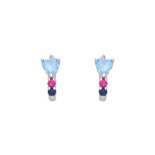Jewelco London Rhodium Plated Sterling Silver Light Blue & Red Heart CZ Love Heart Wand Huggie Hoop Earrings - EAG1407