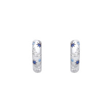Jewelco London Rhodium Plated Sterling Silver Blue CZ Moon Starry Skies Huggie Hoop Earrings - EAG1408