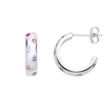 Jewelco London Ladies Rhodium Plated Sterling Silver Peach Pink Lilac CZ D-Shape Dome 3/4 Hoop Drop Earrings - EAG1299