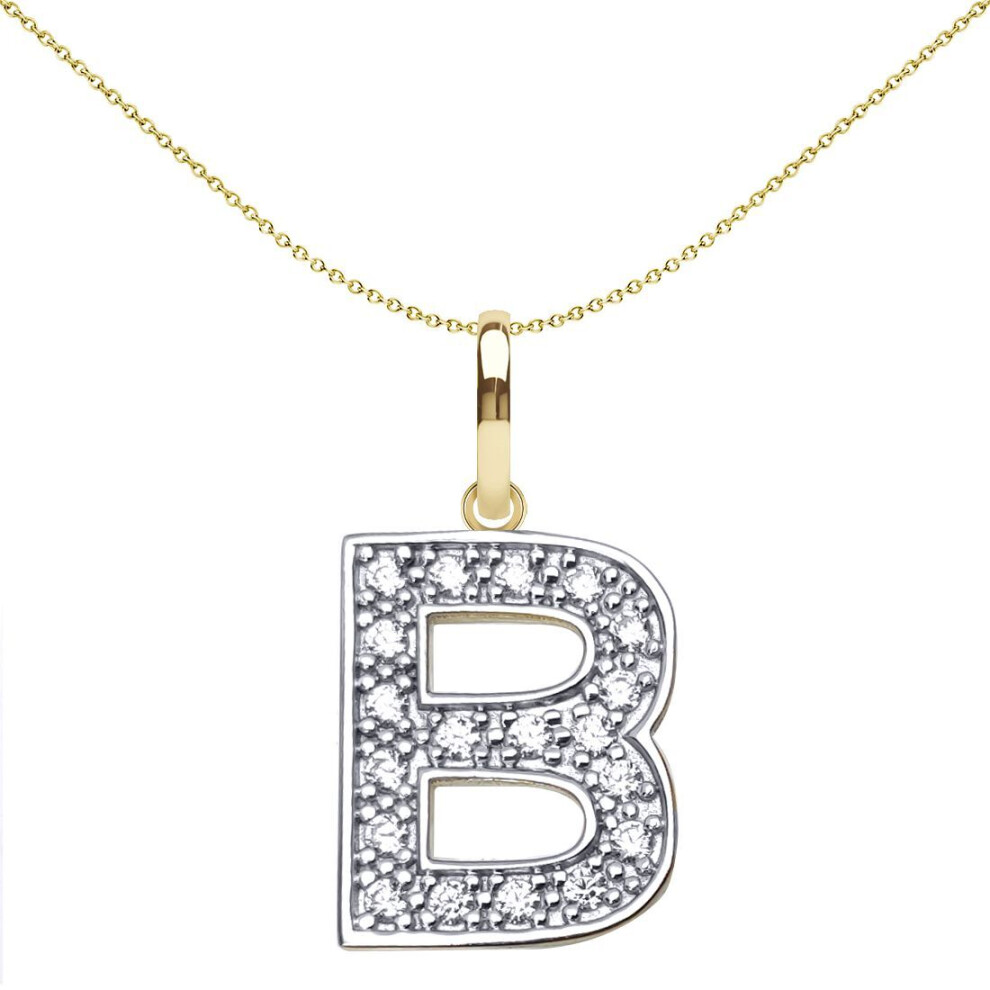 Jewelco London Solid 9Ct Yellow And White Gold Cubic Zirconia 15Mm San Serif Block Font Initial Charm Pendant, Letter B - Jin022-B