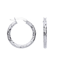 Jewelco London Ladies Rhodium Sterling Silver Hammered Crinkle Wreath Hoop Earrings - ER184