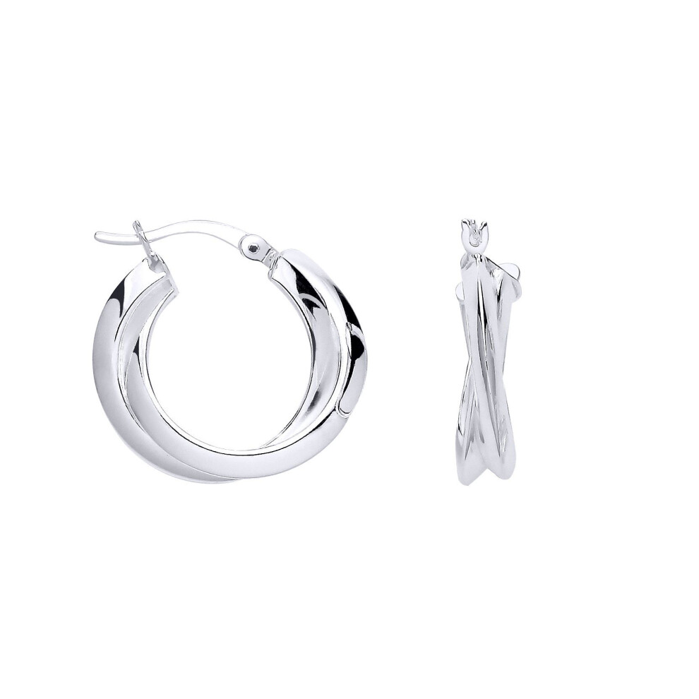 Jewelco London Ladies Rhodium Sterling Silver Knife Edge Double Hoop Creole Earrings - Er187