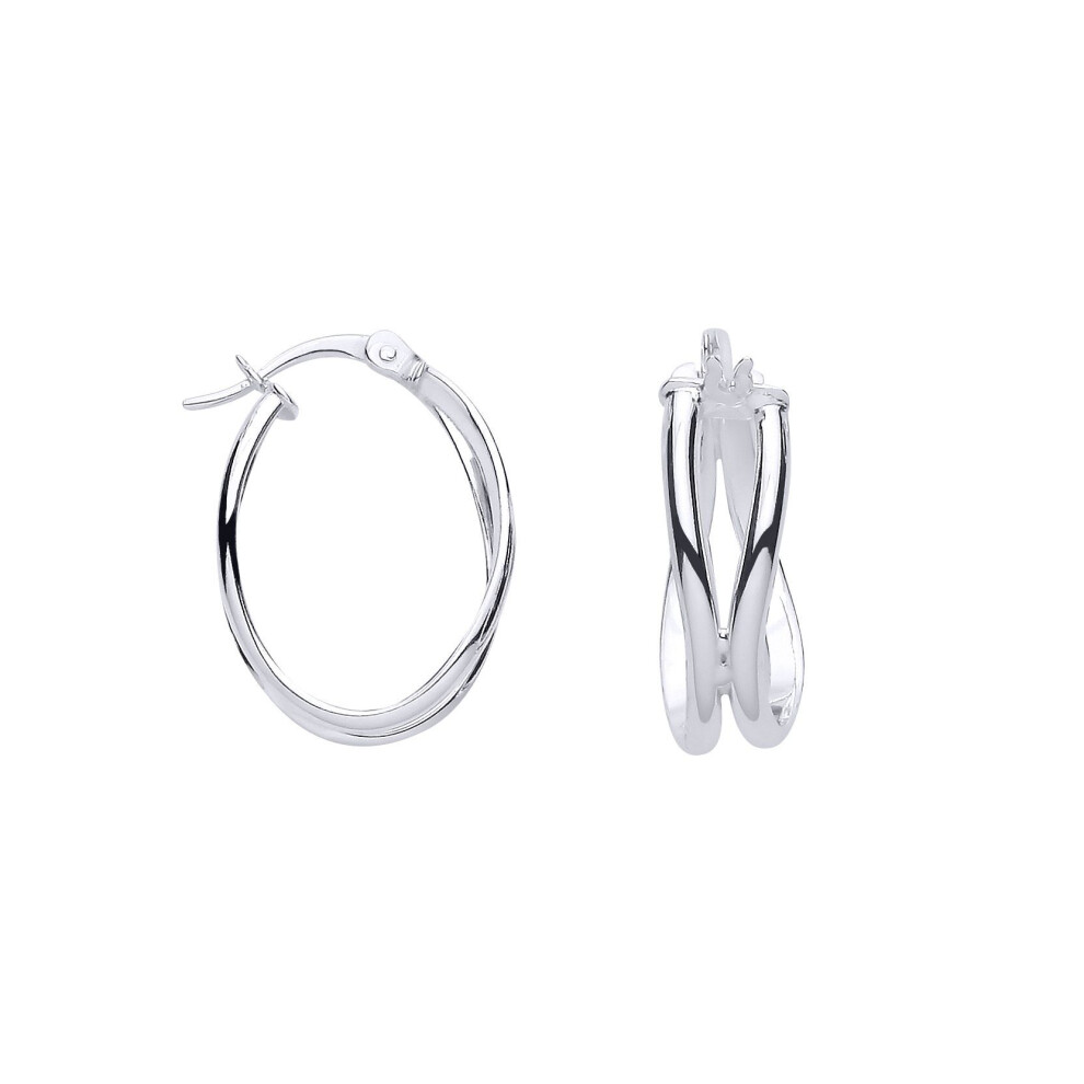 Jewelco London Ladies Rhodium Sterling Silver Oval Twist D-Shape Oval Hoop Creole Earrings - Er190