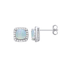 Jewelco London Ladies Sterling Silver Opal Cushion Cubic Zirconia Halo Cluster Stud Earrings - GVE219OP