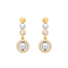 Jewelco London Yellow Gold-Plated Sterling Silver Button Pearl & CZ Saturn Halo Orbit Drop Earrings - EAG1381